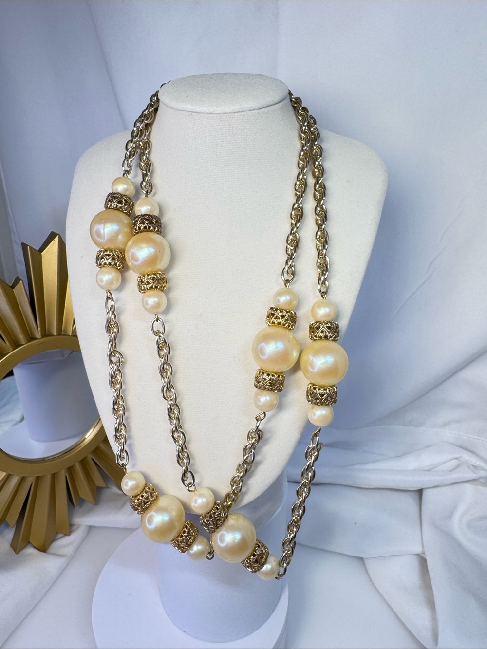 Elegant Pearl and Gold Bead Long Necklace - Cream Pearls, Gold Chain
